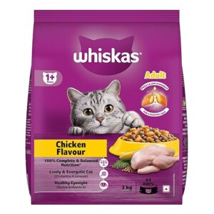 Whiskas Adult (1+ Years) Dry Cat Food – Chicken Flavour, 3kg Pack | 100% Complete & Balanced Nutrition