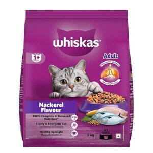 Whiskas Adult (1+ Years) Dry Cat Food – Mackerel Flavour, 3 kg Pack