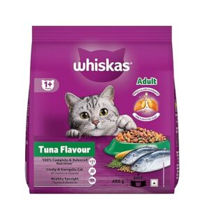 Whiskas Adult (1+ Years) Dry Cat Food – Tuna Flavour, 480g Pack | 100% Complete & Balanced Nutrition with 41 Essential Nutrients