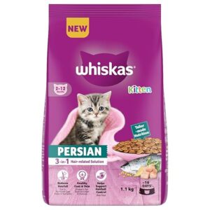 Whiskas Persian Kitten Dry Cat Food (2-12 Months) – 1.1kg Pack | 3-in-1 Hair-Related Solution for Healthy Coat, Skin & Hairball Control