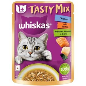 Whiskas Tasty Mix Adult (1+ Years) Wet Cat Food – Chicken with Salmon & Wakame Seaweed in Gravy (70g Pouch)