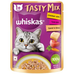 Whiskas Tasty Mix Adult (1+ Years) Wet Cat Food – Chicken with Tuna and Carrot in Gravy, 70g Pouch