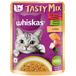 Whiskas Tasty Mix Adult (1+ Years) Wet Cat Food – Seafood Cocktail with Wakame Seaweed in Gravy (70g Pouch)
